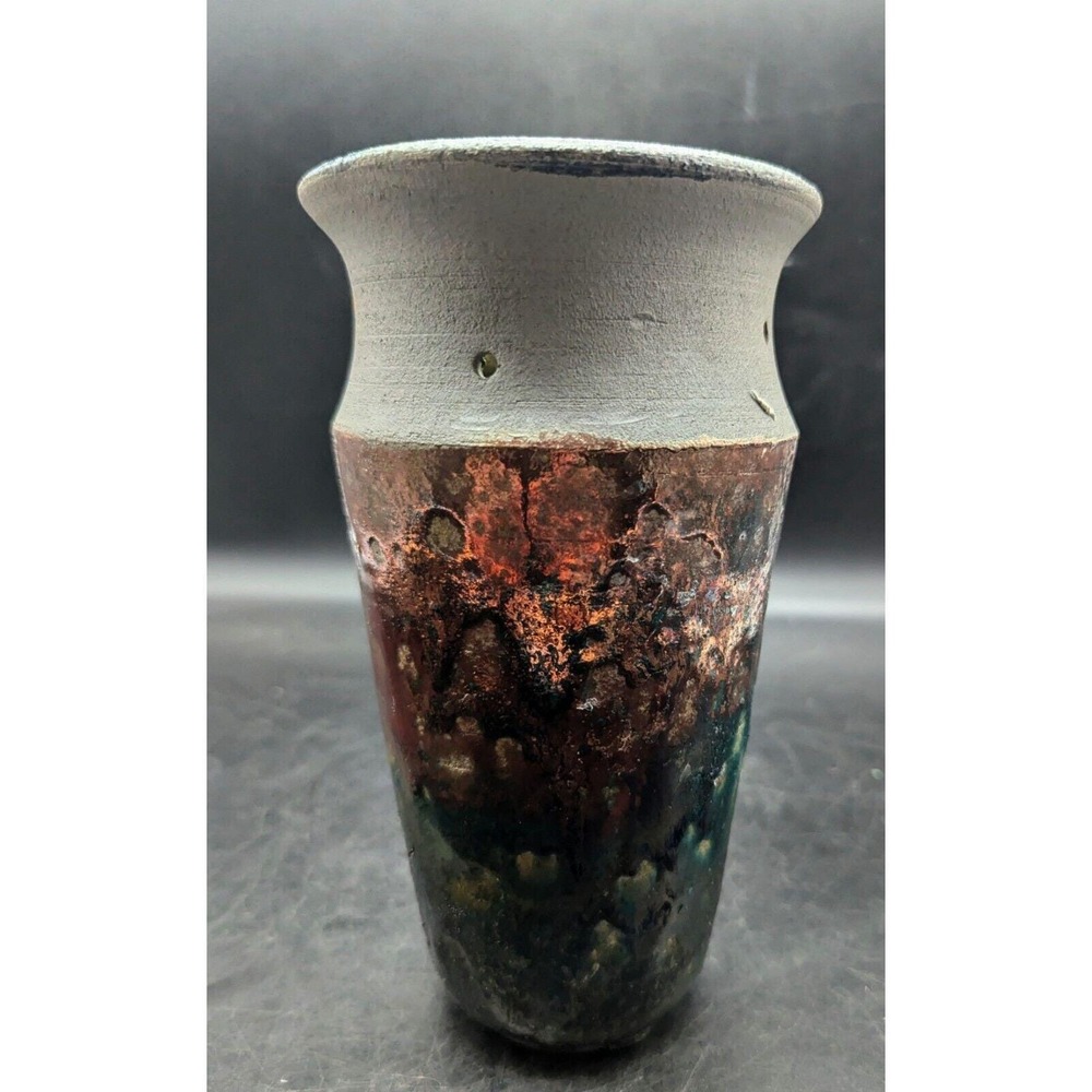 Handmade Studio Art Pottery Raku Fired 8" Signed Metallic Drip Glaze